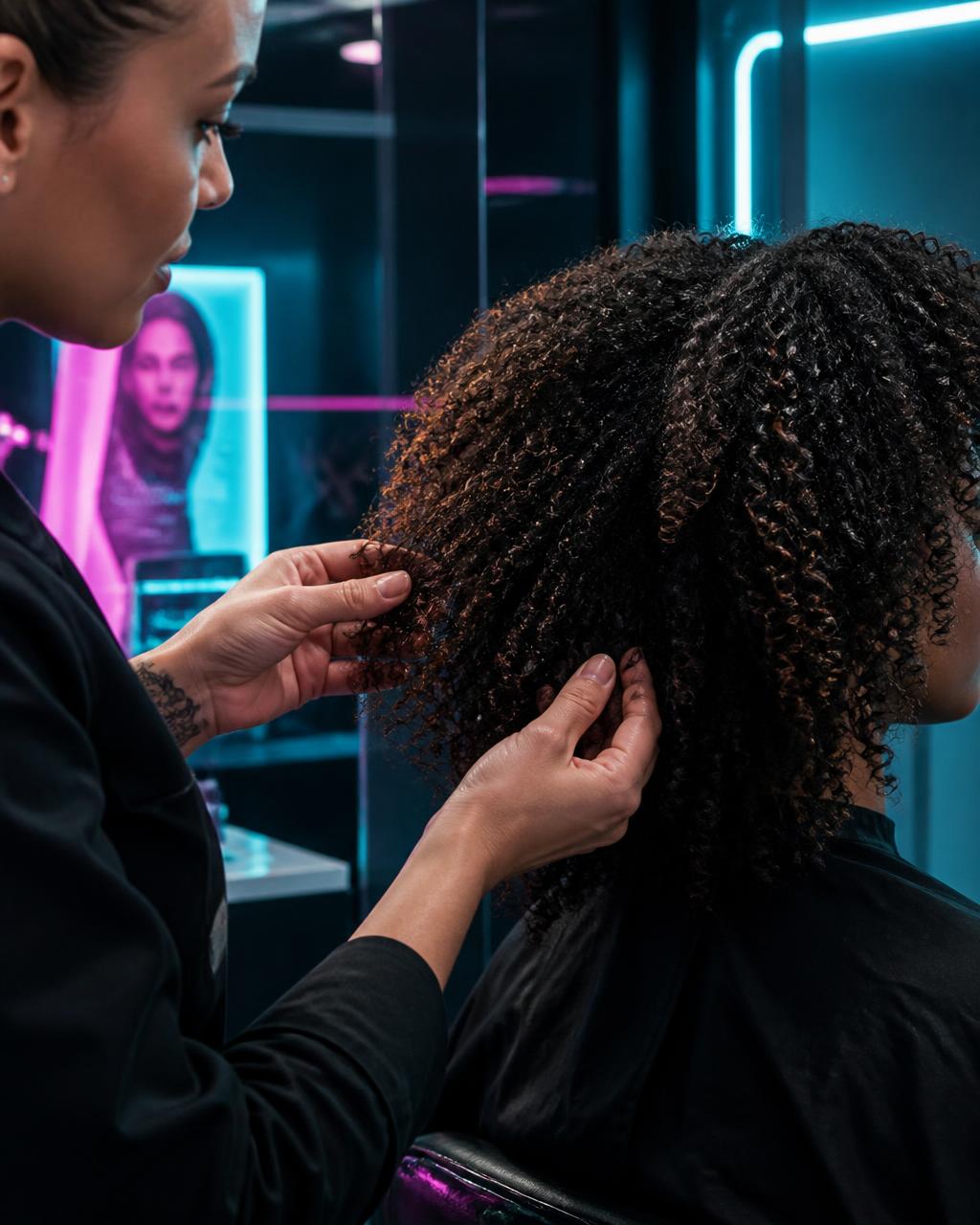 Stylist examining natural curly hair texture during a consultation