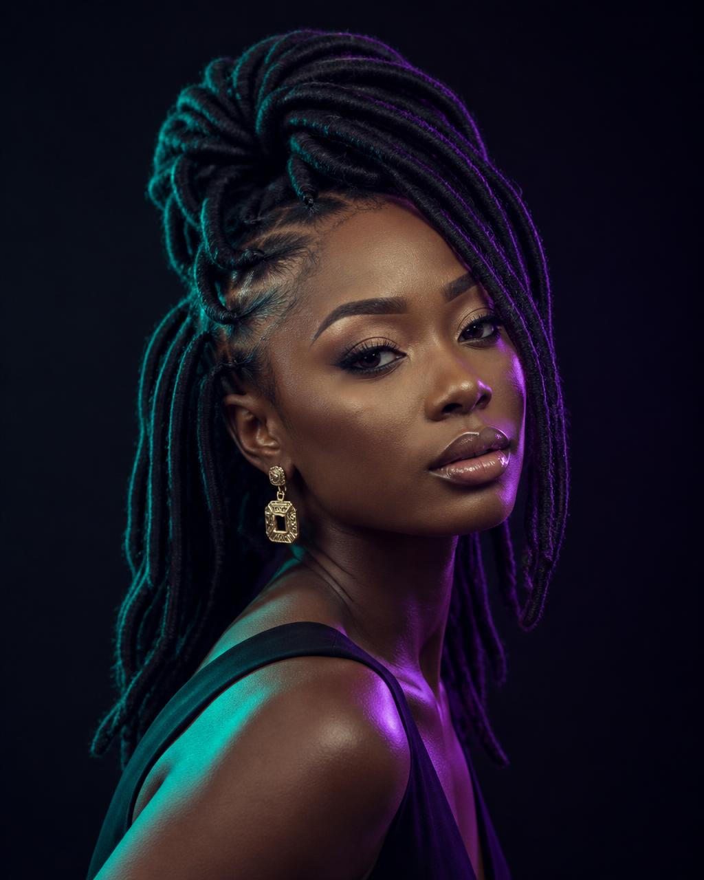 Beautifully maintained locs styled elegantly under neon light