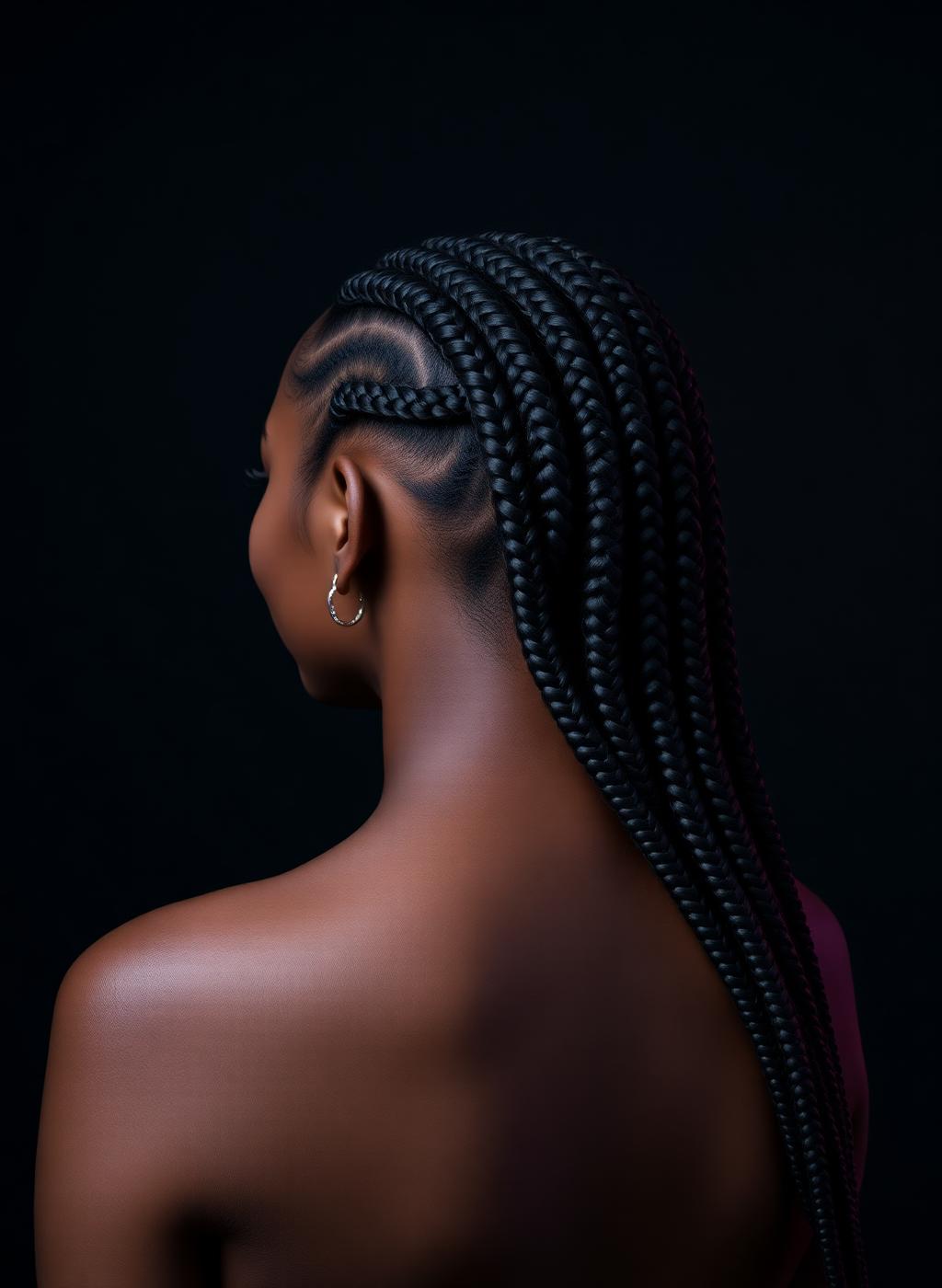 Long knotless braids with precise curved parting